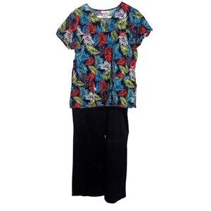 Scrubstar Womens Navy Leaf Print V-Neck Scrub Set  Size M 100% Cotton